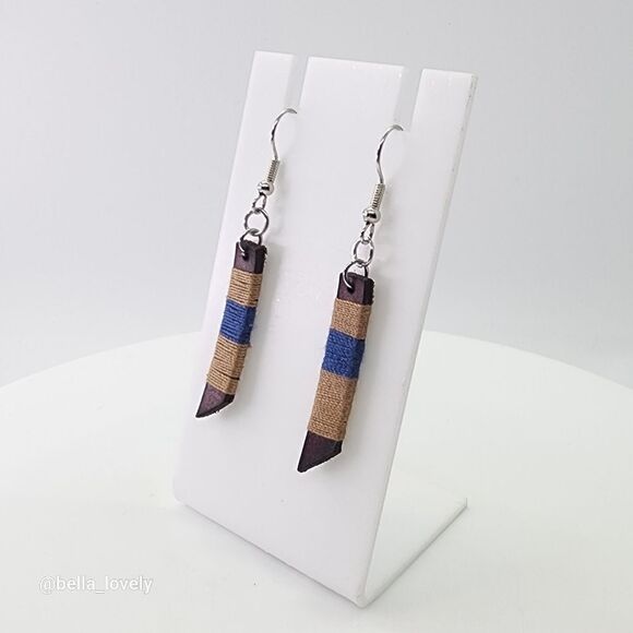Long Ethnic Native Look Thread Wrapped Leather Drop Dangle Earrings 2.27" - Picture 1 of 3